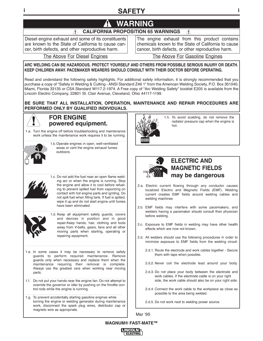 Lincoln Electric 400FM, 300FM manual Safety, California Proposition 65 Warnings 