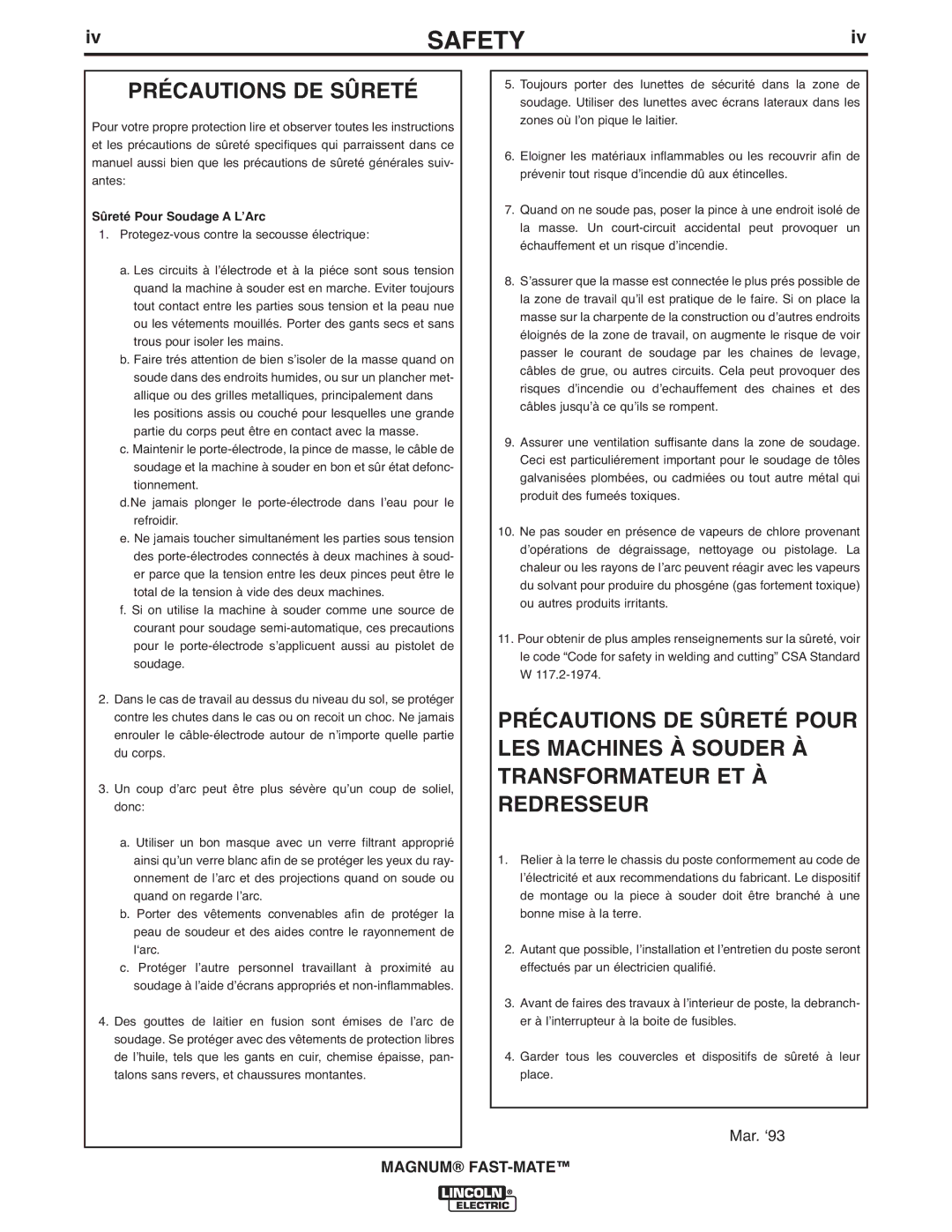 Lincoln Electric 300FM, 400FM manual Précautions DE Sûreté, Sûreté Pour Soudage a LʼArc 