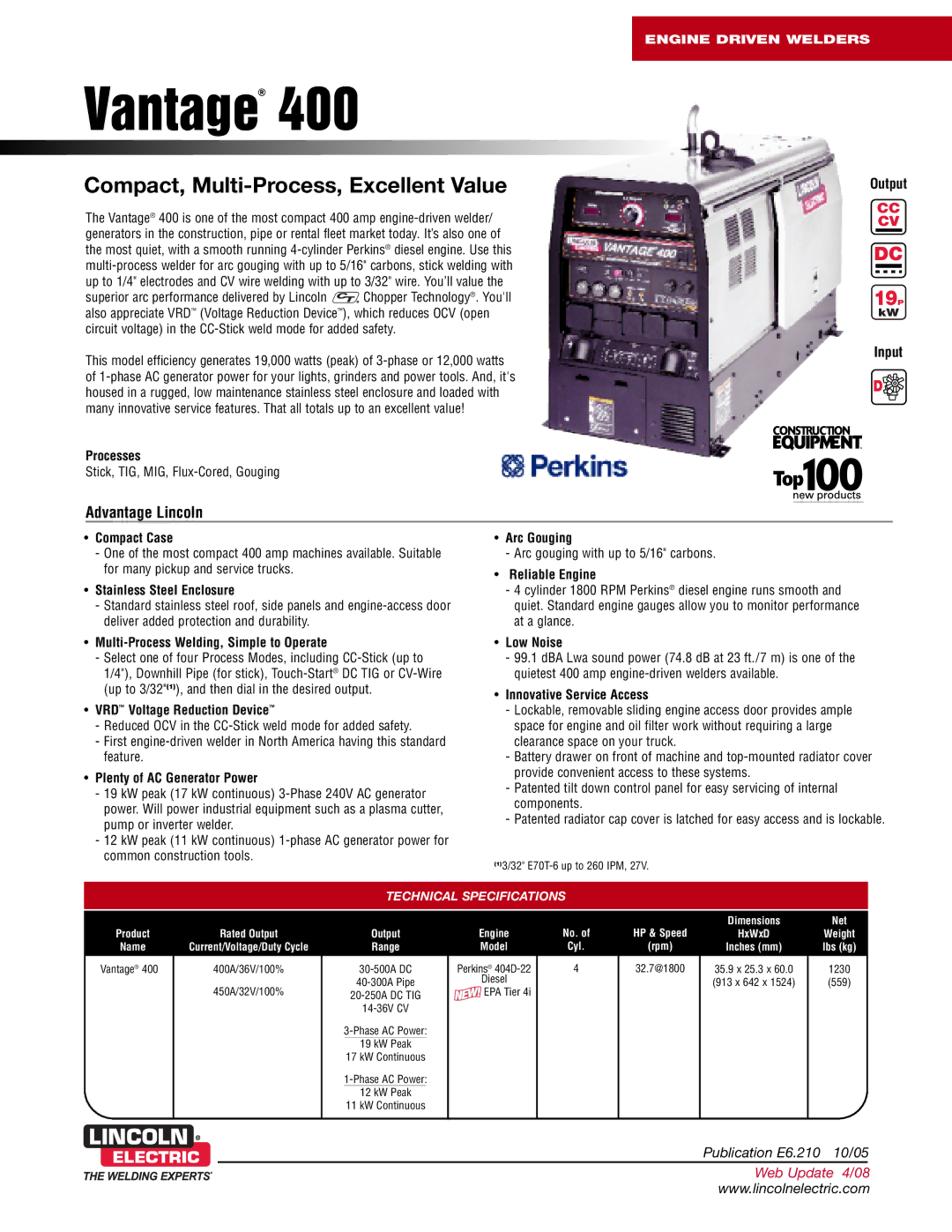 Lincoln Electric 404D-22 technical specifications Engine Driven Welders, Technical Specifications 