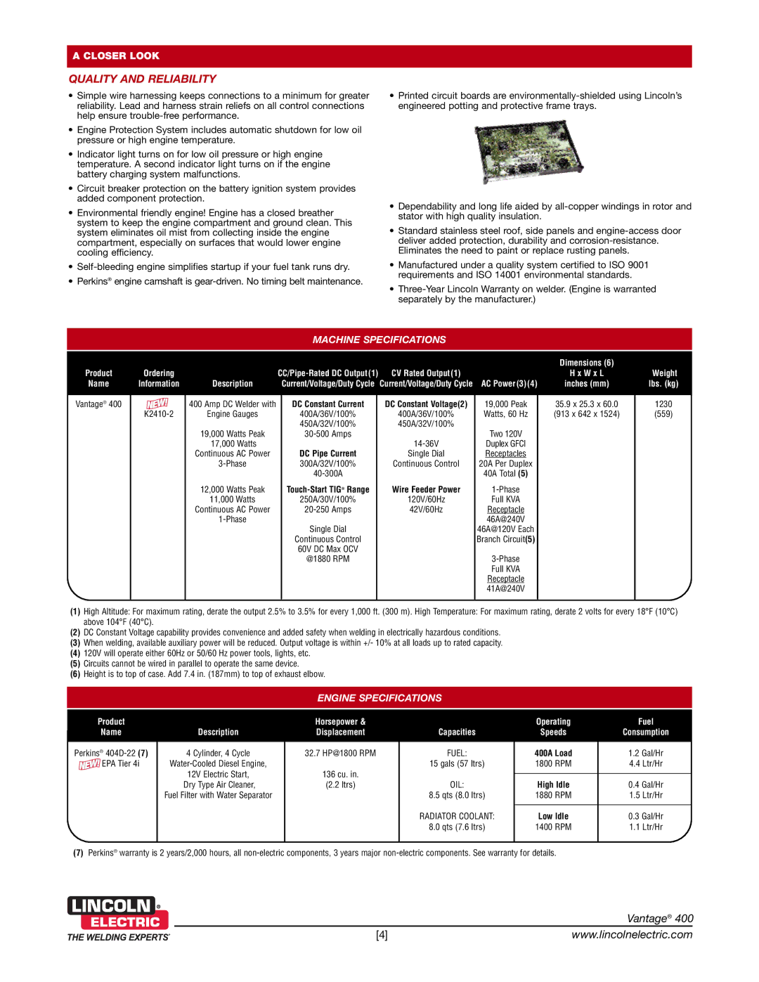 Lincoln Electric 404D-22 technical specifications Quality and Reliability, Machine Specifications, Engine Specifications 