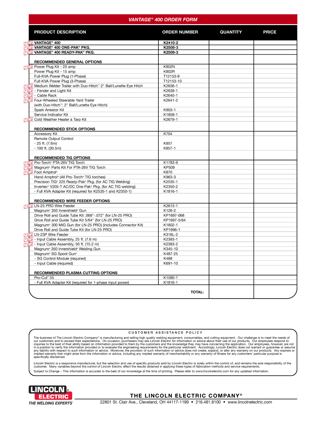 Lincoln Electric 404D-22 technical specifications Vantage 400 Order Form, Product Description Order Number Quantity Price 