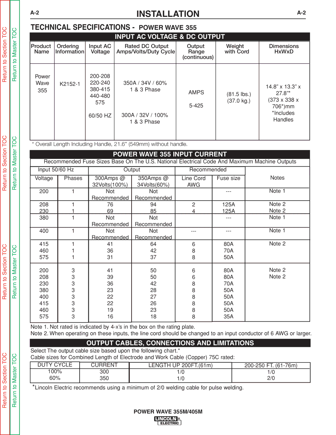 Lincoln Electric 405M, 355M service manual Installation, Technical Specifications Power Wave 