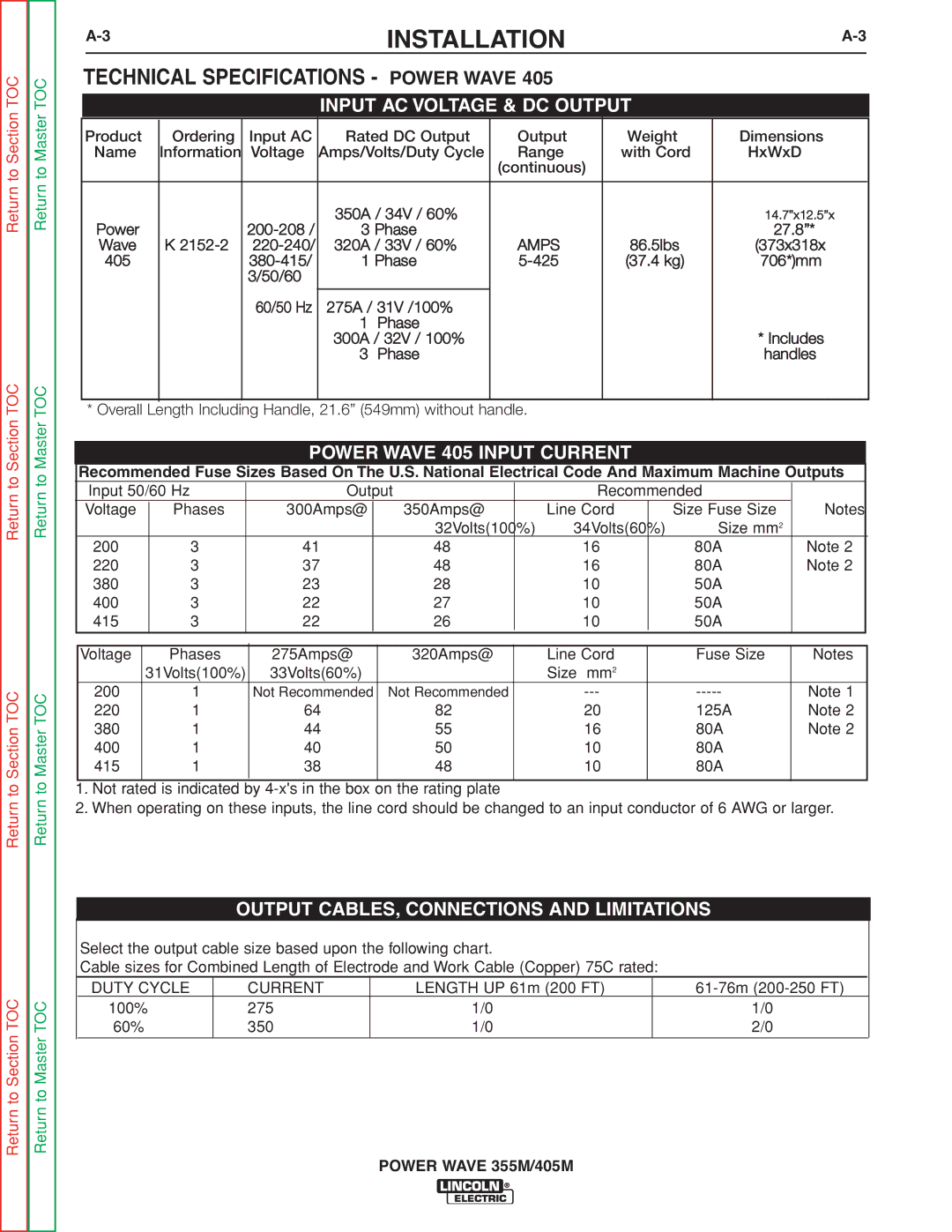 Lincoln Electric 355M, 405M service manual Power Wave 405 Input Current 