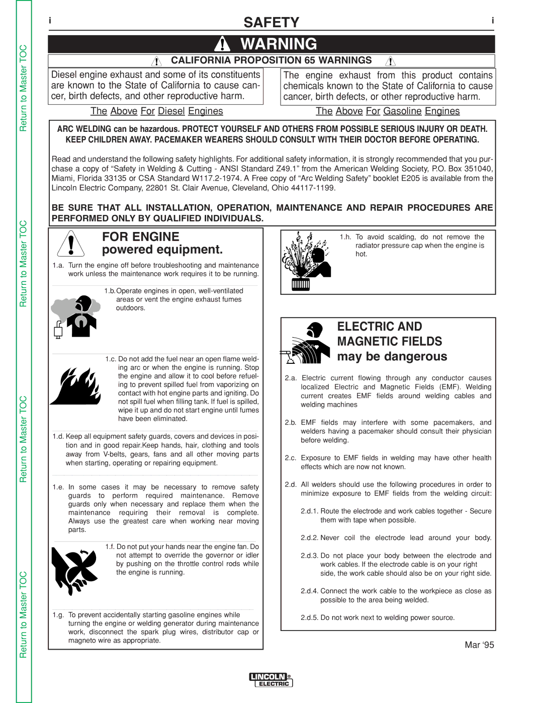 Lincoln Electric 405M, 355M service manual Safety, Califo Rnia Proposition 65 Warnings 