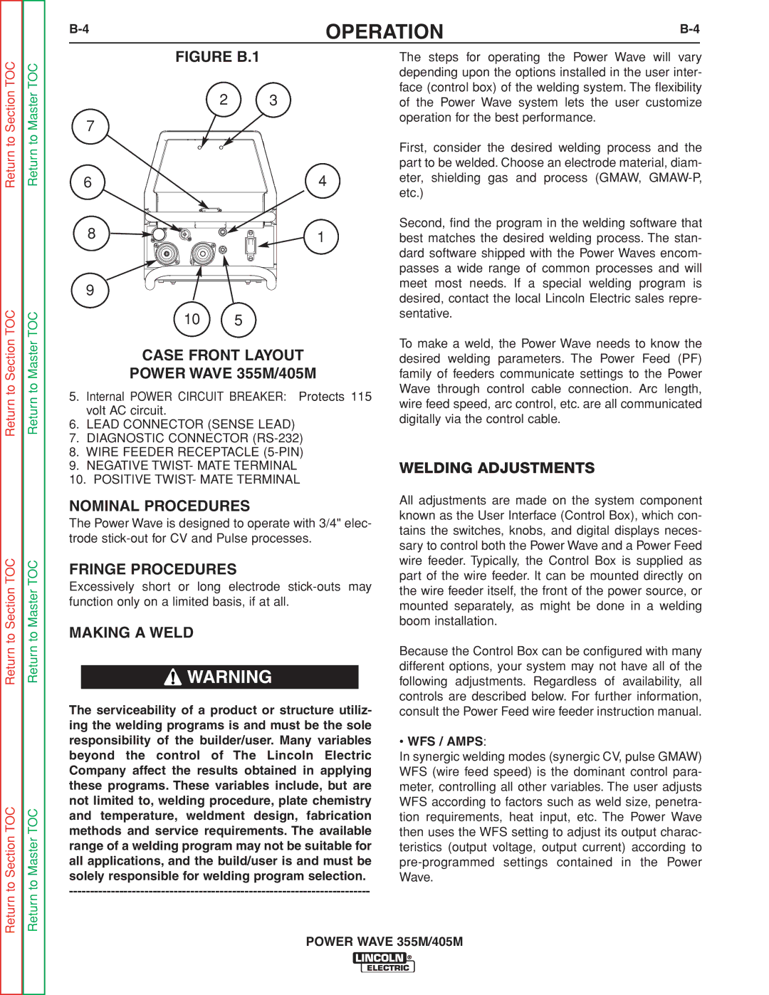 Lincoln Electric 405M, 355M service manual Welding Adjustments, Nominal Procedures, Fringe Procedures, Making a Weld 