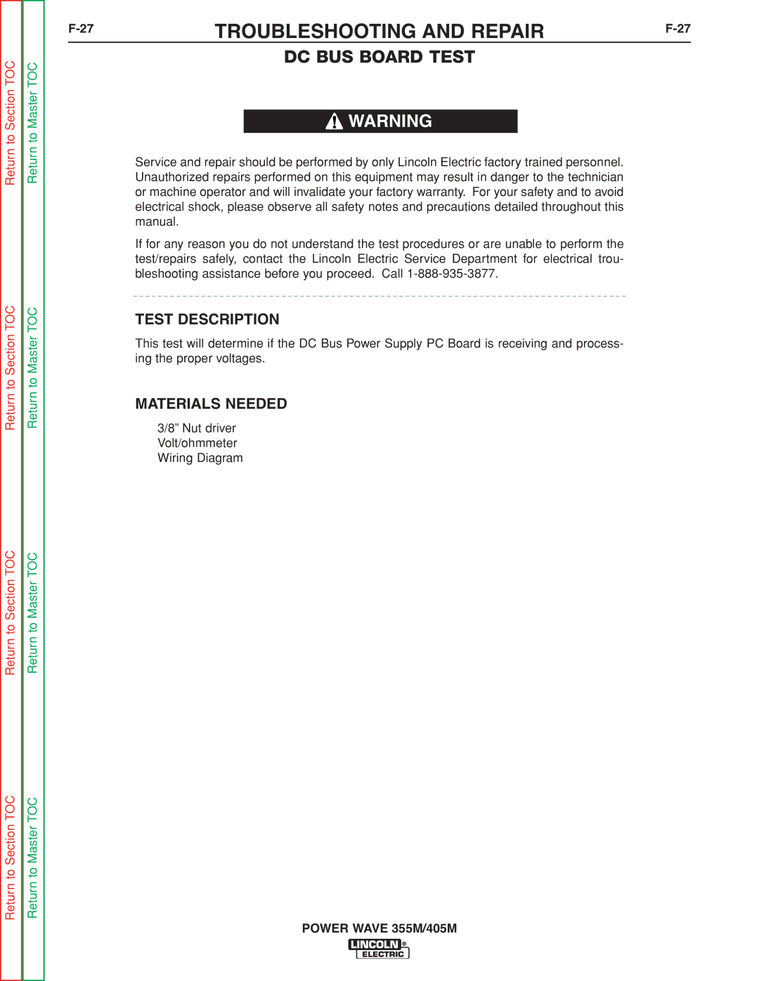 Lincoln Electric 355M, 405M service manual 27TROUBLESHOOTING and REPAIRF-27, DC BUS Board Test 