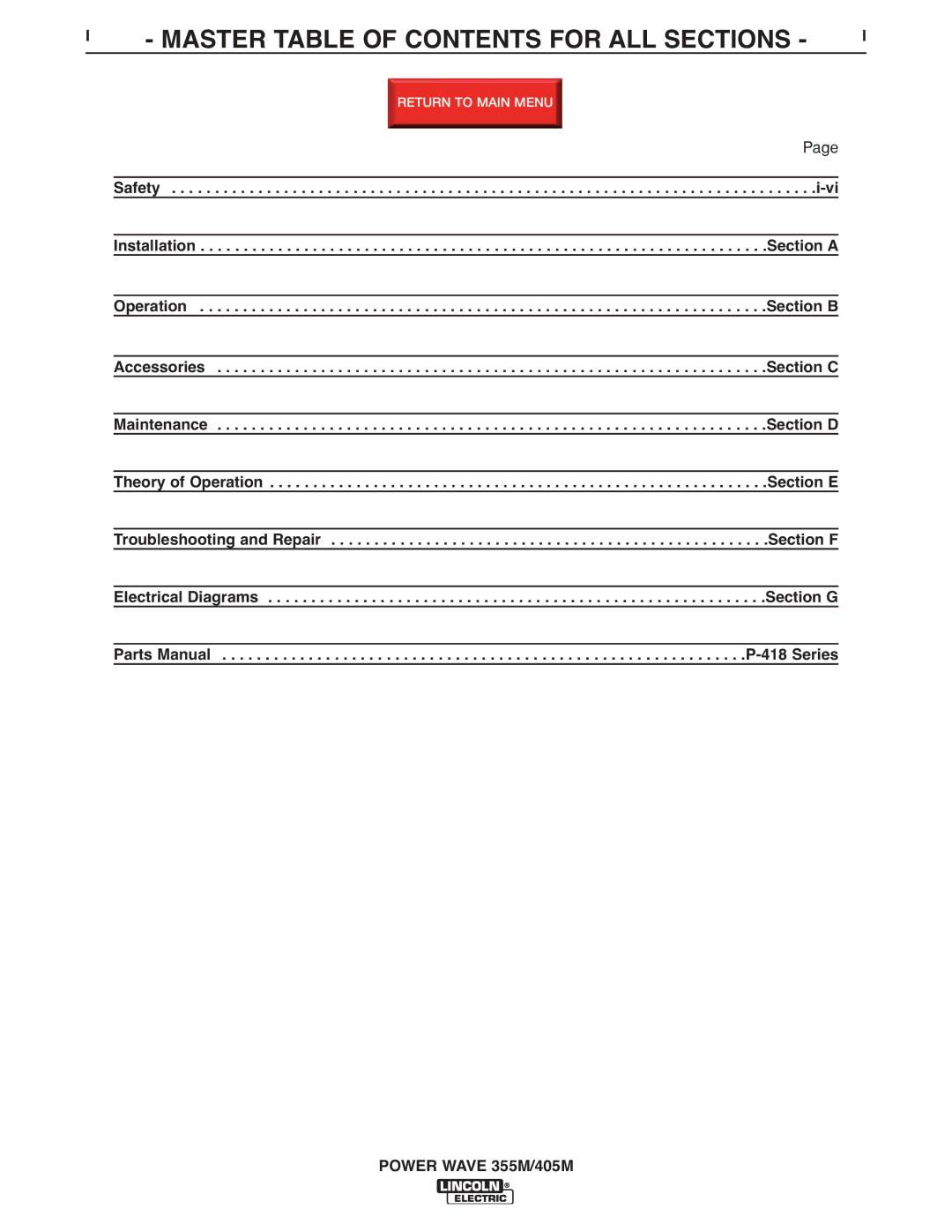 Lincoln Electric 405M, 355M service manual Master Table of Contents for ALL Sections 