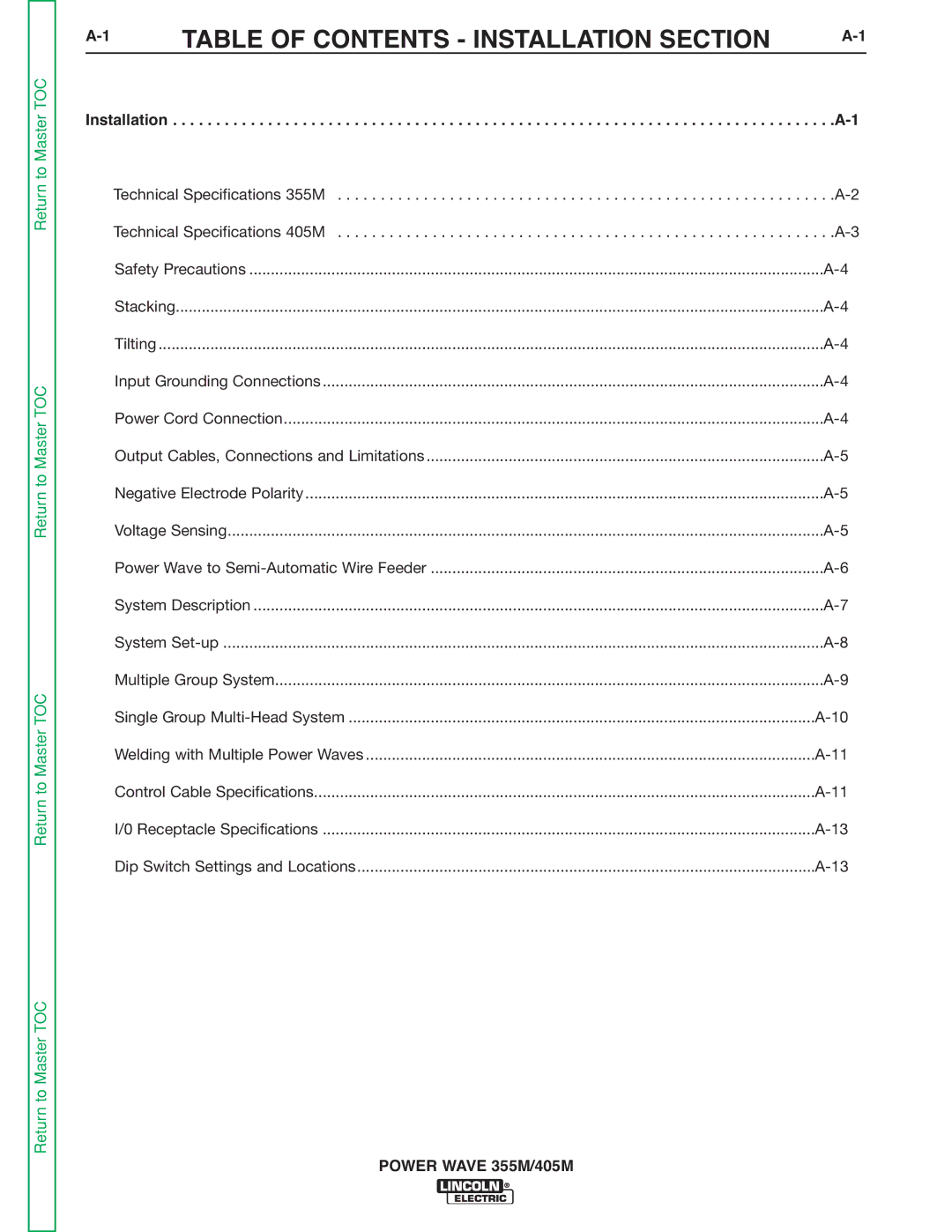 Lincoln Electric 355M, 405M service manual Table of Contents Installation Section 