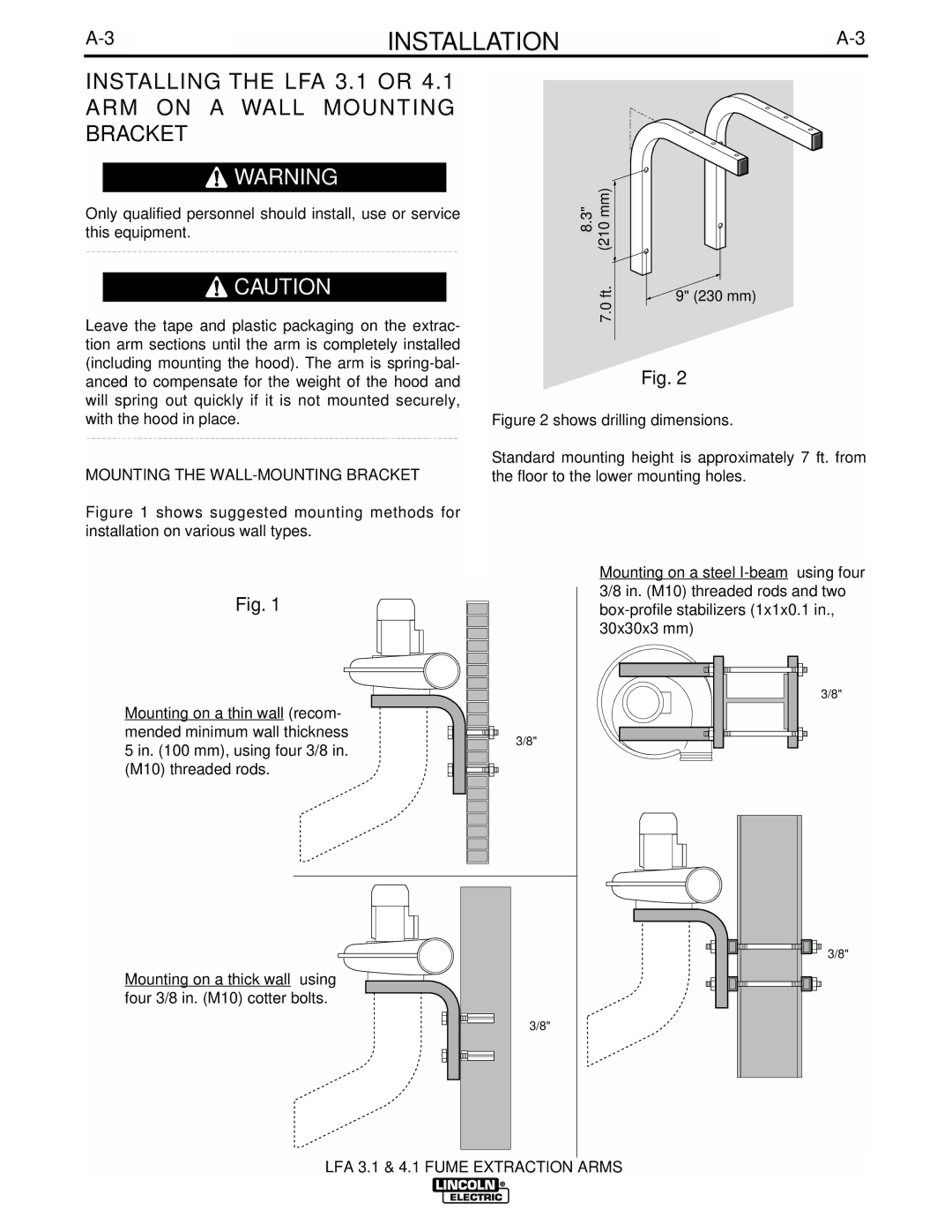 Lincoln Electric manual Installing the LFA 3.1 or 4.1 ARM on a Wall Mounting Bracket 