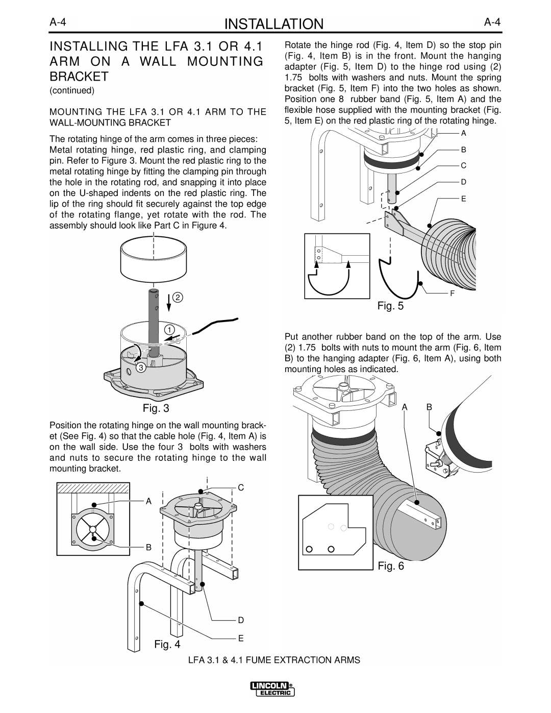 Lincoln Electric manual Mounting the LFA 3.1 or 4.1 ARM to the WALL-MOUNTING Bracket 