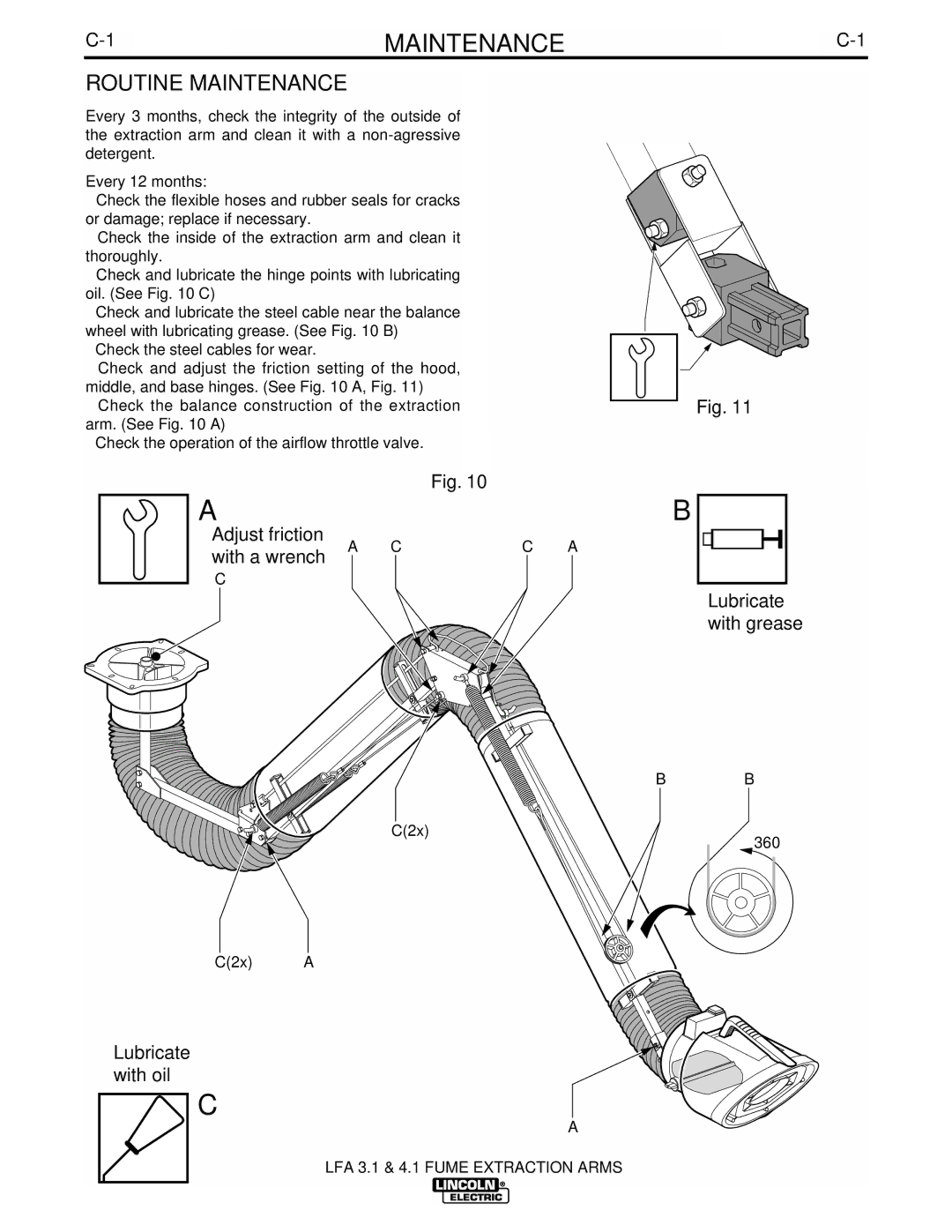 Lincoln Electric 4.1 Routine Maintenance, Adjust friction With a wrench, Lubricate with grease, Lubricate with oil 