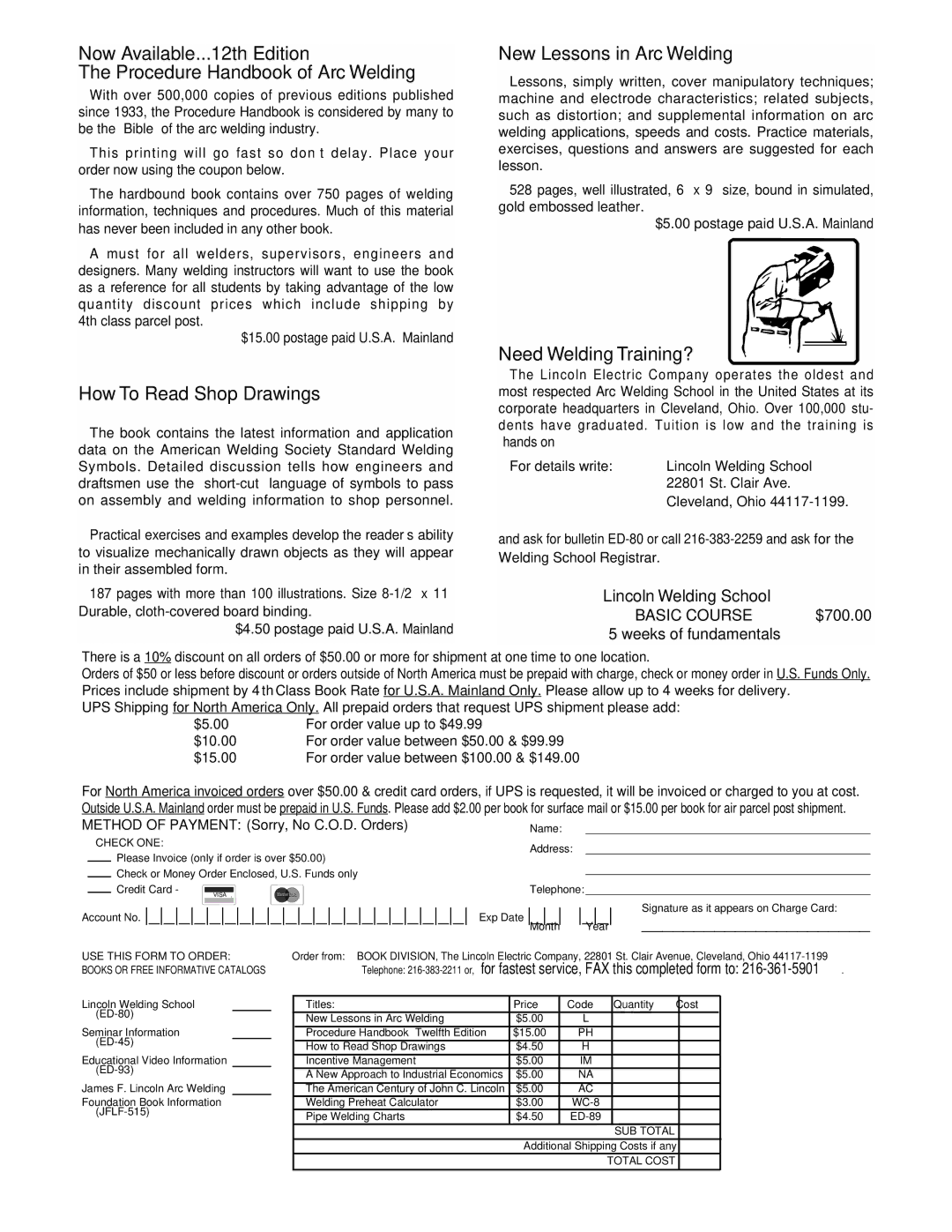 Lincoln Electric 3.1, 4.1 manual How To Read Shop Drawings, New Lessons in Arc Welding, Need Welding Training?, $700.00 