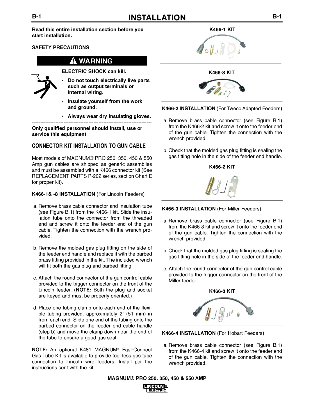 Lincoln Electric 250 K466-1& -8 Installation For Lincoln Feeders, K466-2 KIT K466-3 Installation For Miller Feeders 