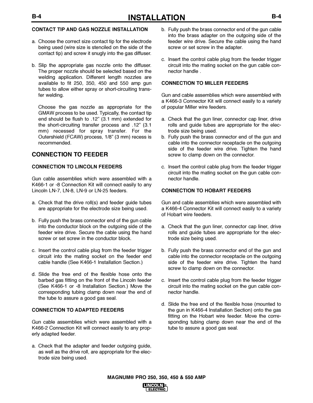 Lincoln Electric 450, 250 manual Contact TIP and GAS NOzzLE Installation, Connection to hOBART Feeders 