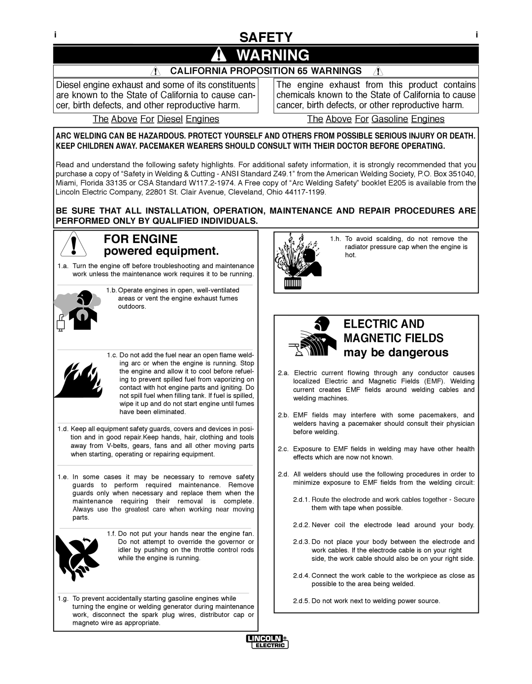 Lincoln Electric 450, 250 manual Safety, California Proposition 65 Warnings 