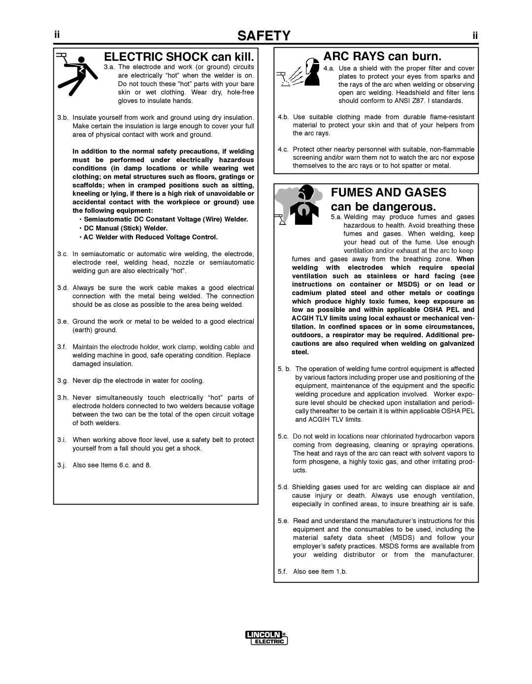 Lincoln Electric 250, 450 manual Electric ShOCK can kill 