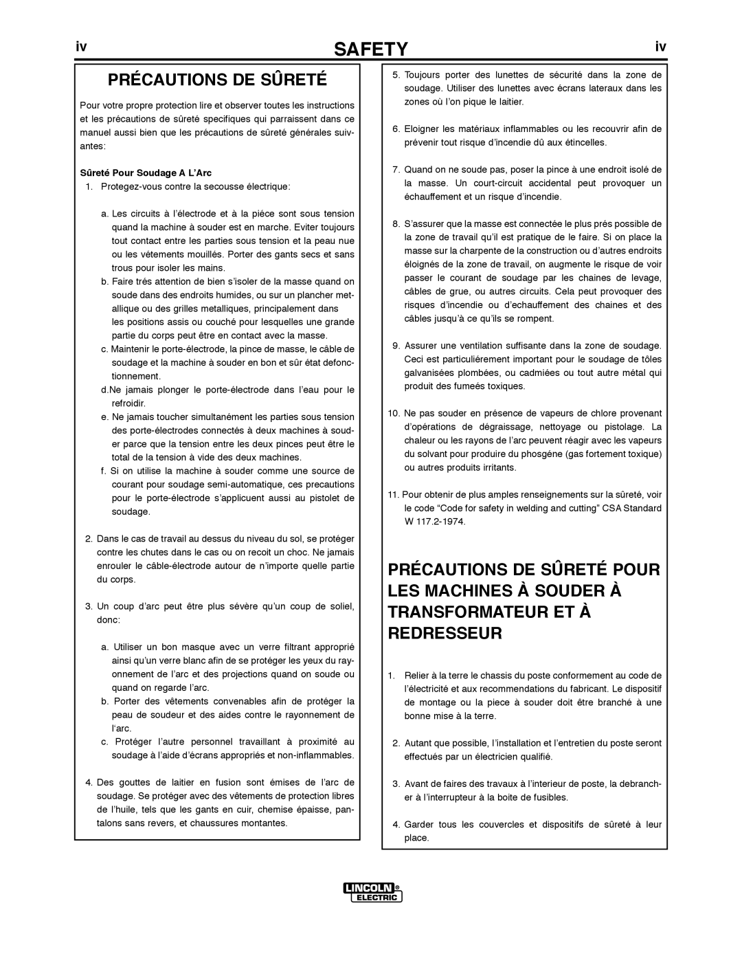 Lincoln Electric 250, 450 manual Précautions DE Sûreté 