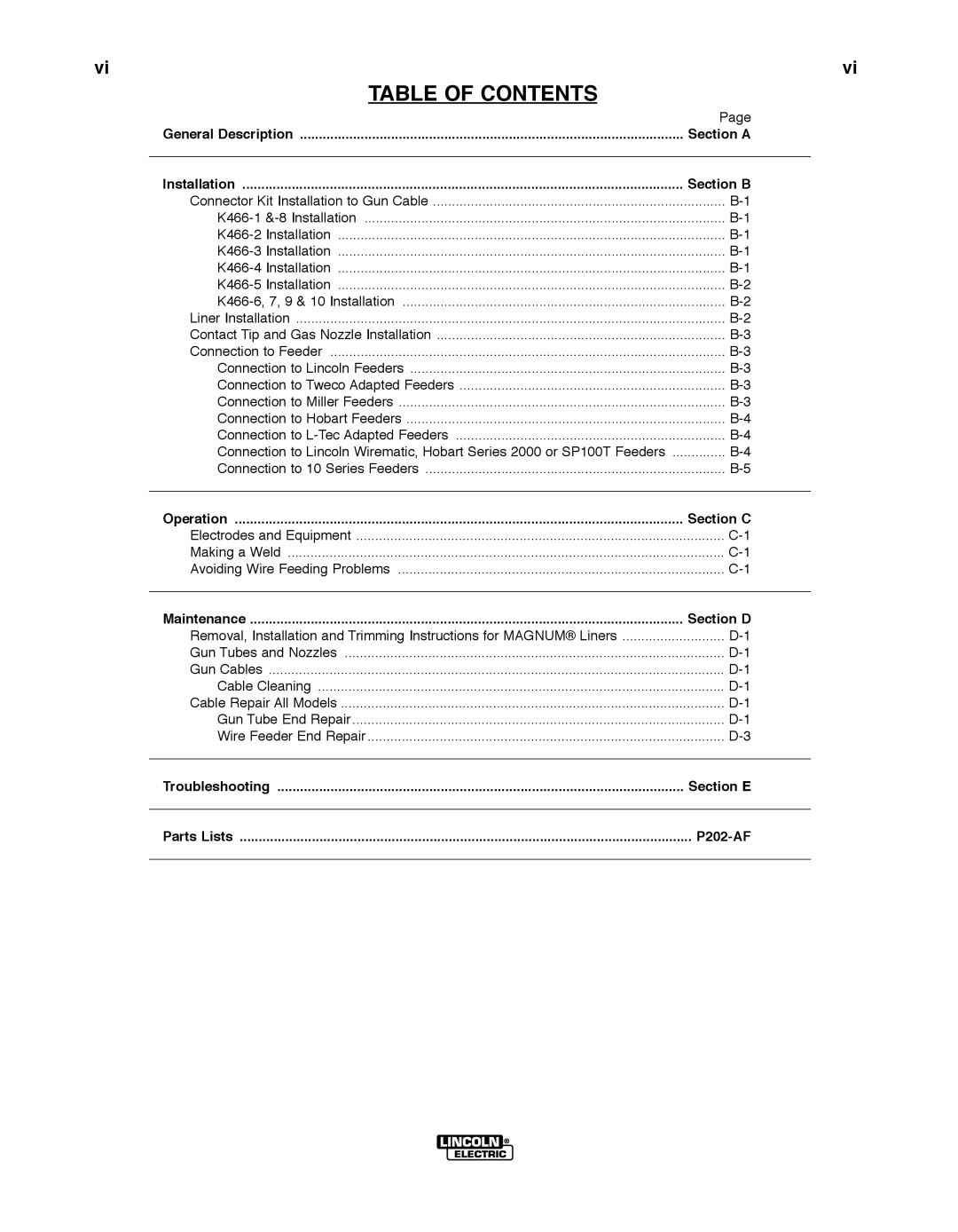 Lincoln Electric 250, 450 manual Table of Contents 