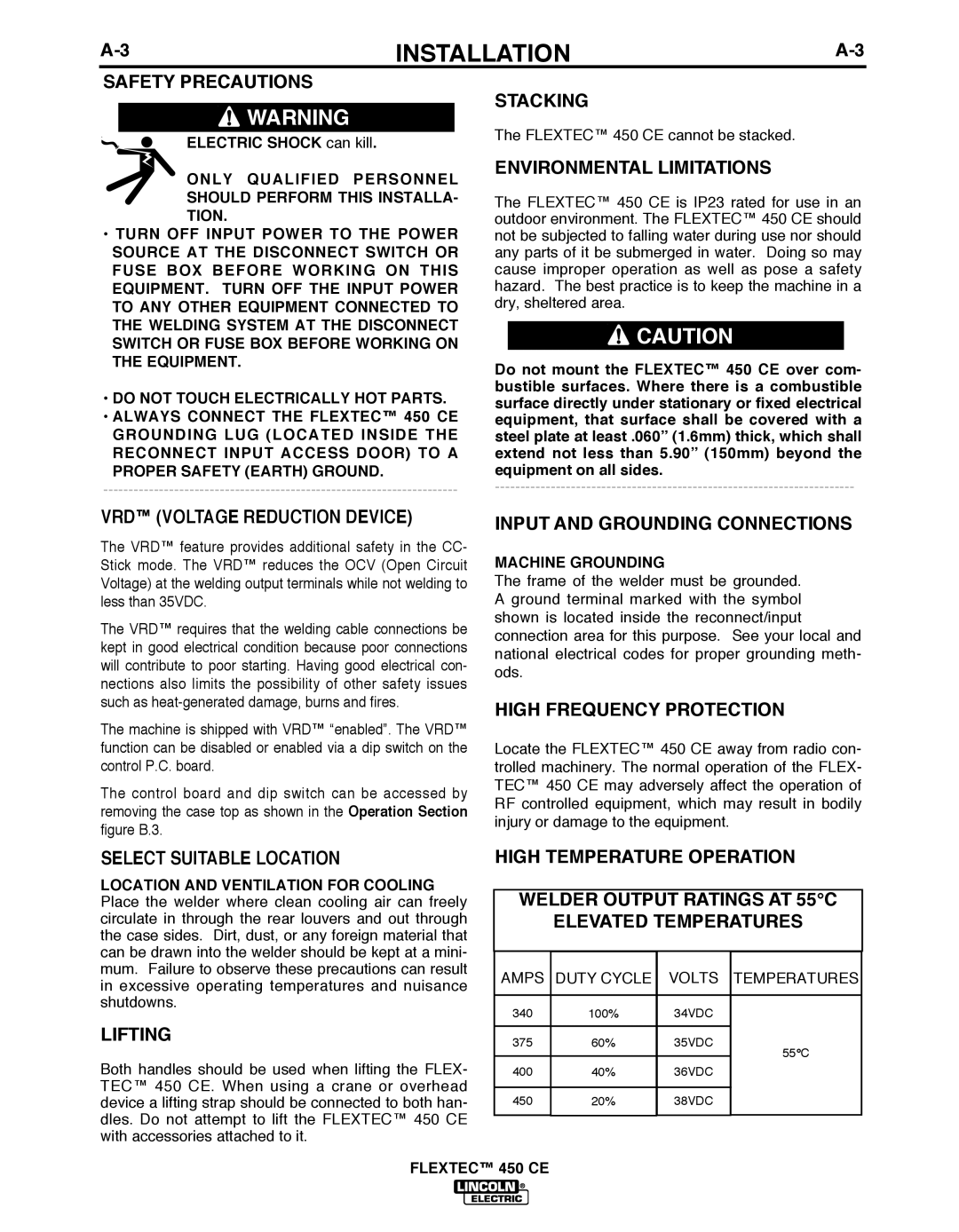 Lincoln Electric 450 CE Safety Precautions, Stacking, Environmental Limitations, VRD Voltage Reduction Device, Lifting 