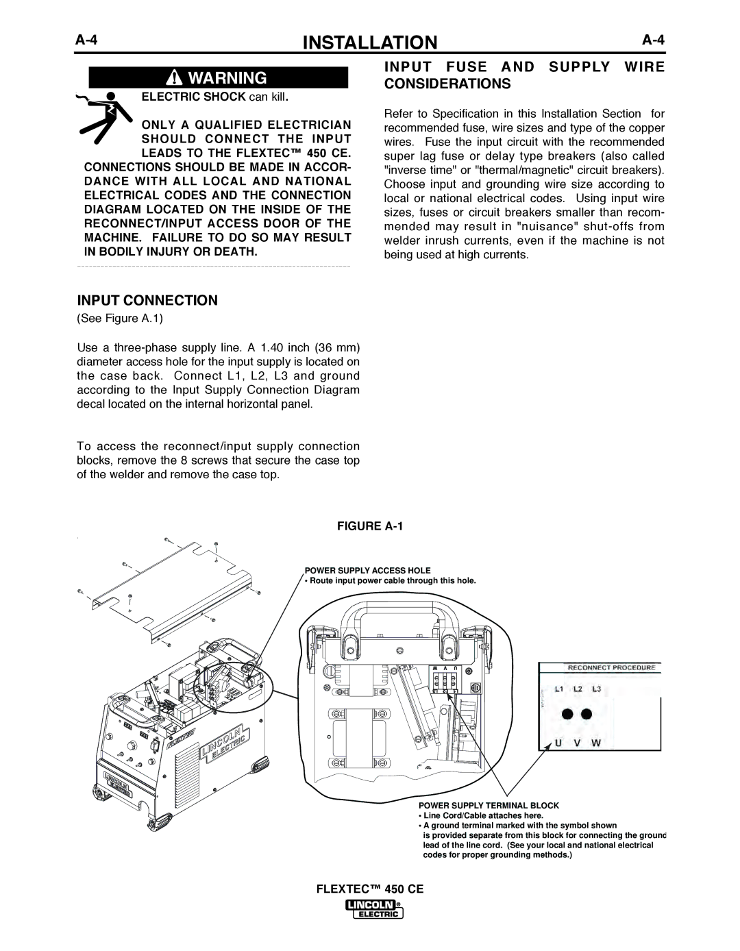 Lincoln Electric 450 CE manual Input Connection, Input Fuse and Supply Wire Considerations 