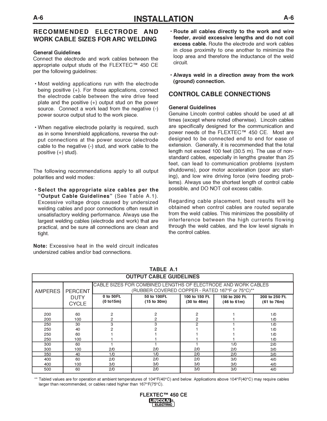 Lincoln Electric 450 CE manual Recommended Electrode and Work CAbLE SIzES for ARC Welding, Control CAbLE Connections 