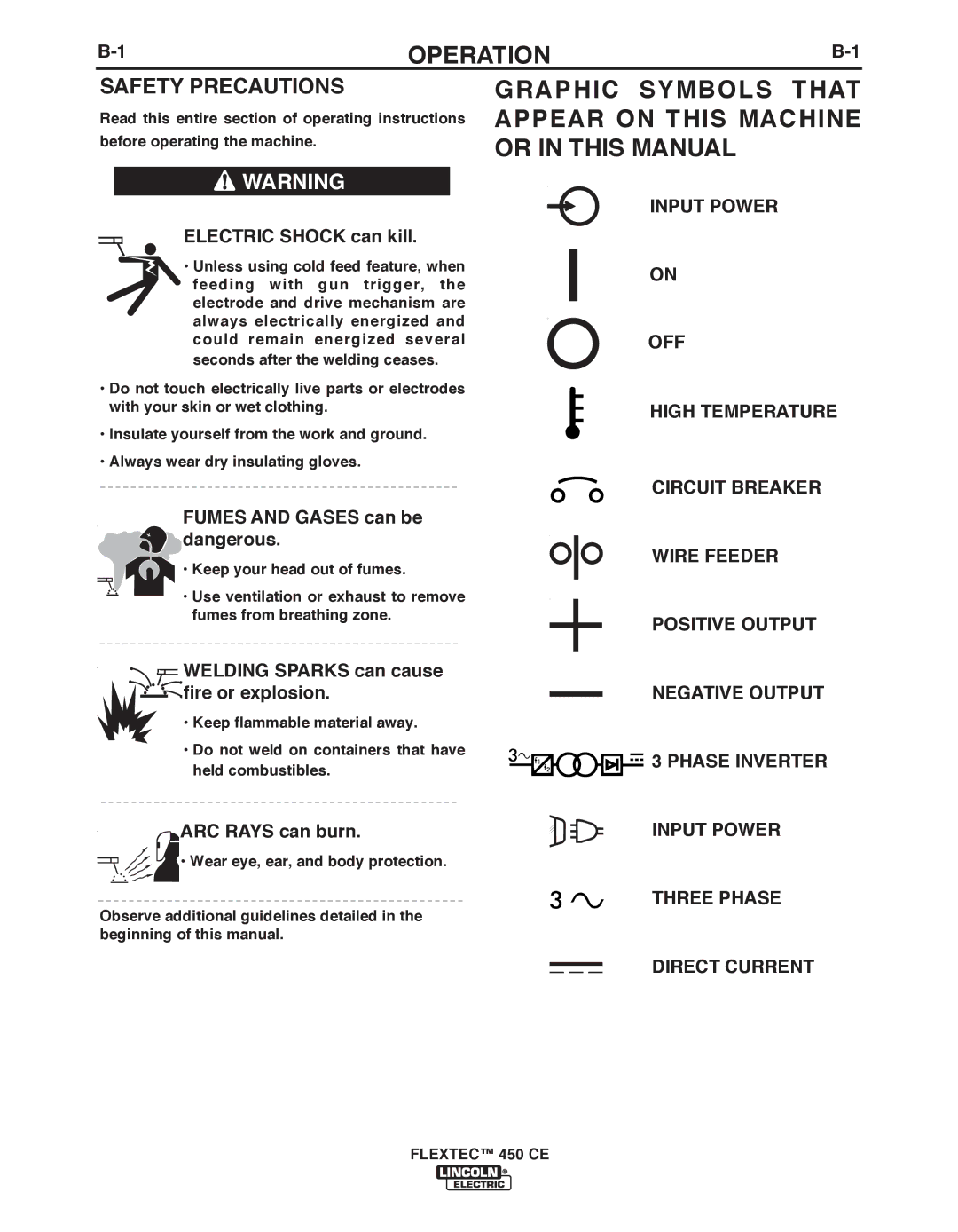 Lincoln Electric 450 CE manual Operation, Safety Precautions, Input Power OFF High Temperature 