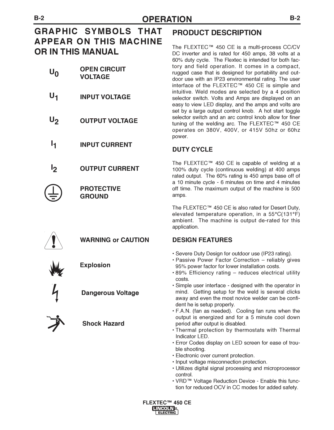 Lincoln Electric 450 CE manual Product Description, Protective, Ground, Duty Cycle, Design Features 