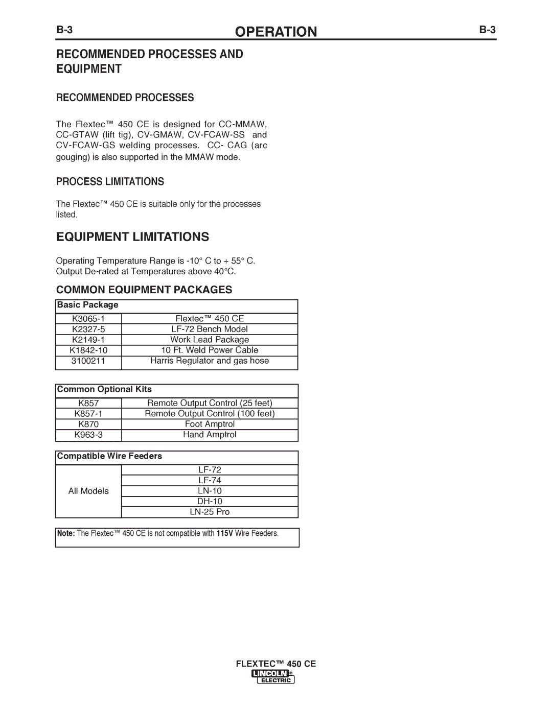 Lincoln Electric 450 CE manual Recommended Processes Equipment, Equipment Limitations, Process Limitations 