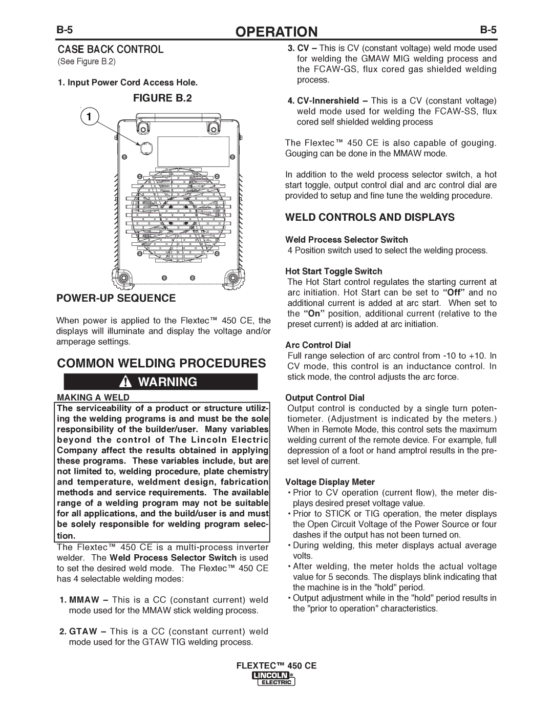 Lincoln Electric 450 CE manual Common Welding Procedures, Case bACK Control, POWER-UP Sequence, Weld Controls and Displays 