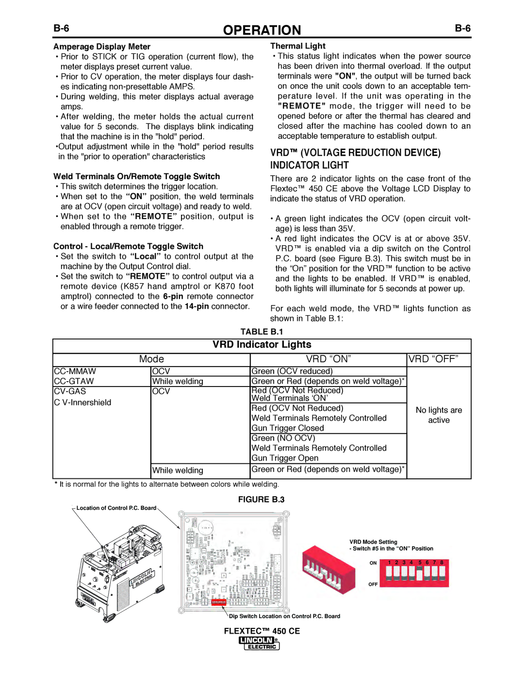 Lincoln Electric 450 CE manual VRD Voltage Reduction Device Indicator Light, VRD Indicator Lights 