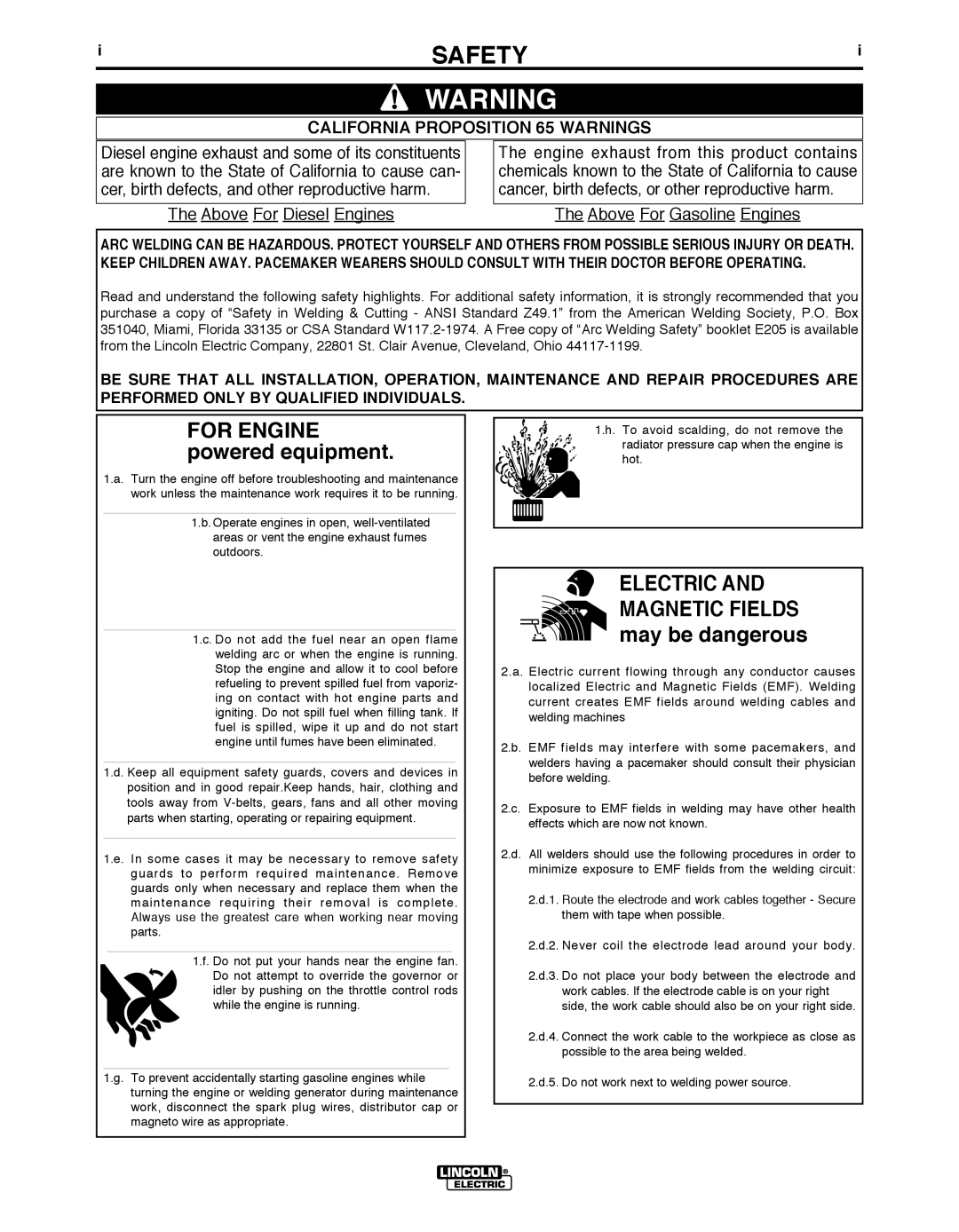 Lincoln Electric 450 CE manual Safety, California Proposition 65 Warnings 