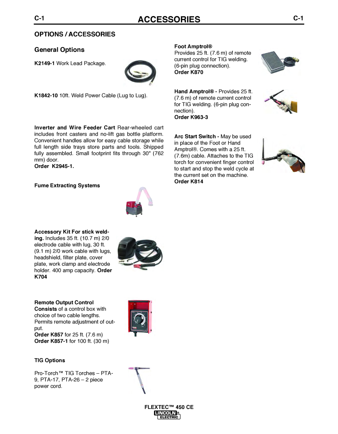 Lincoln Electric 450 CE manual Options / Accessories, General Options, TIG Options, Foot Amptrol 