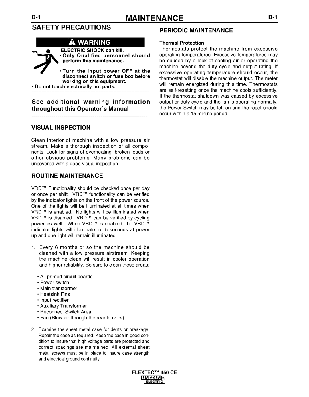 Lincoln Electric 450 CE manual Visual Inspection, Routine Maintenance, Periodic Maintenance, Thermal Protection 