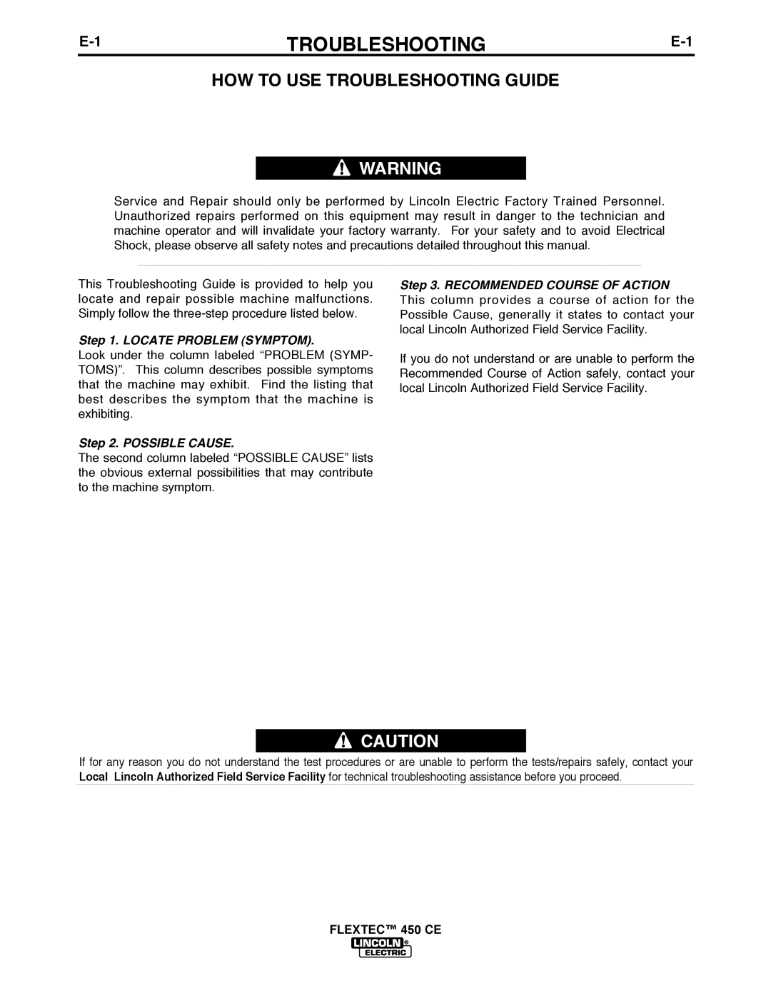 Lincoln Electric 450 CE manual TROUbLESHOOTING 