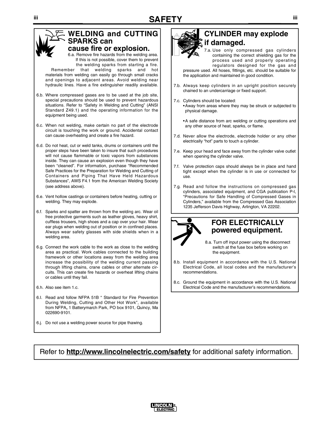 Lincoln Electric 450 CE manual Welding and Cutting Sparks can Cause fire or explosion, Iii 