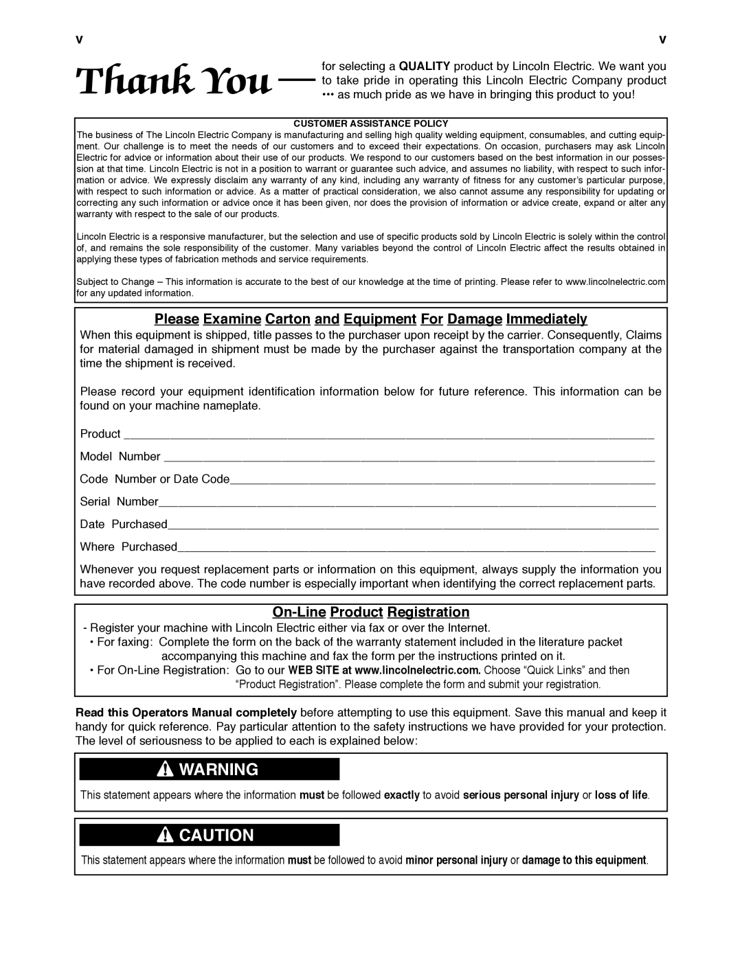 Lincoln Electric 450 CE manual Please Examine Carton and Equipment For Damage Immediately, On-Line Product Registration 