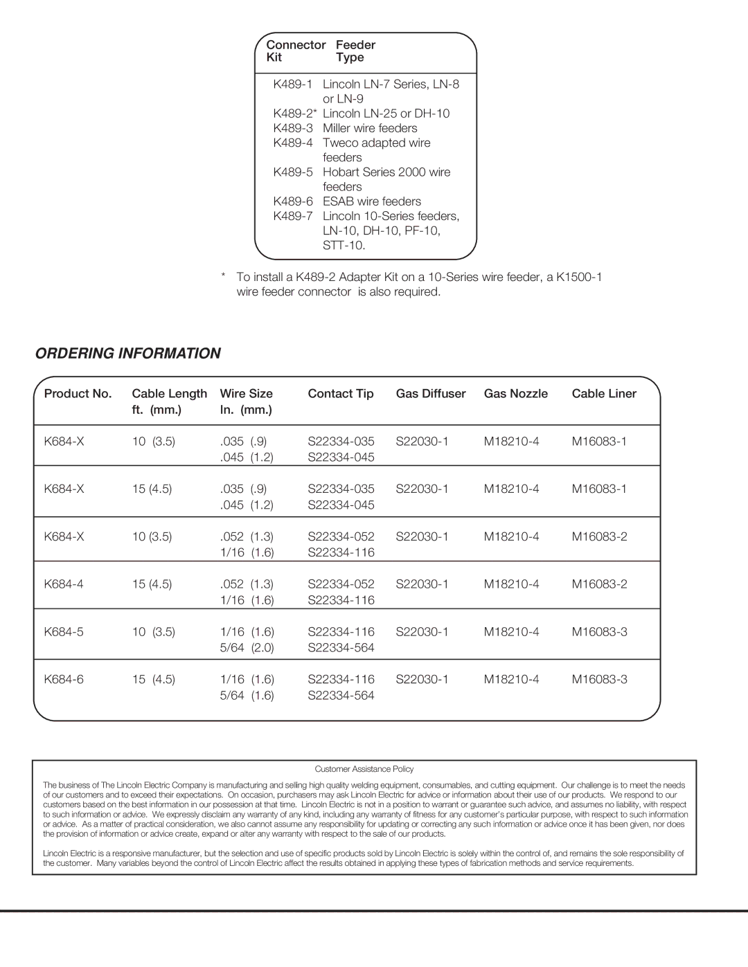 Lincoln Electric 450WC manual Ordering Information, Customer Assistance Policy 