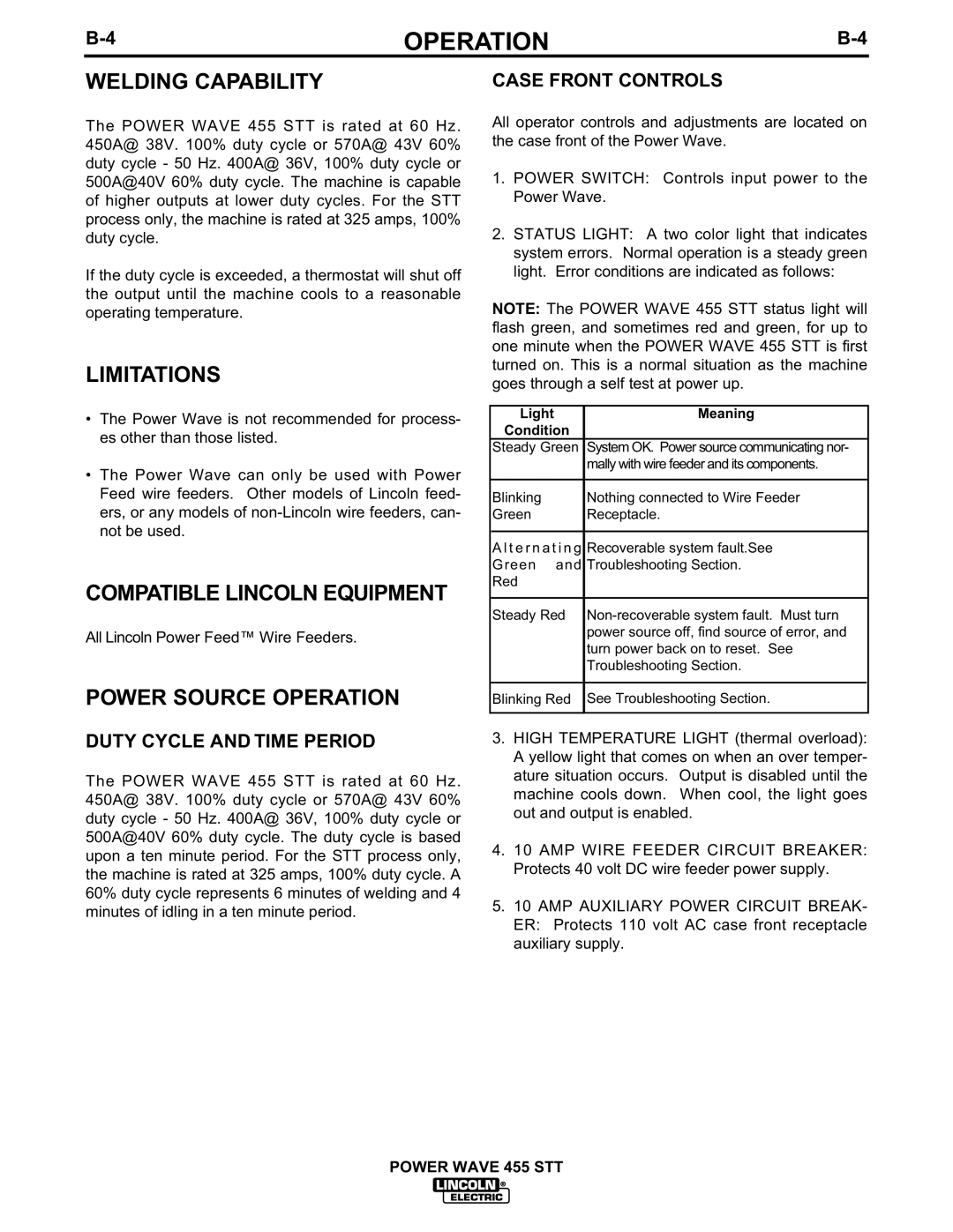 Lincoln Electric 455 manual Welding Capability, Limitations, Compatible Lincoln Equipment, Power Source Operation 