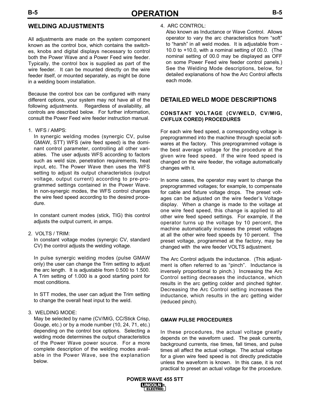 Lincoln Electric 455 manual Welding Adjustments, Detailed Weld Mode Descriptions, Gmaw Pulse Procedures 