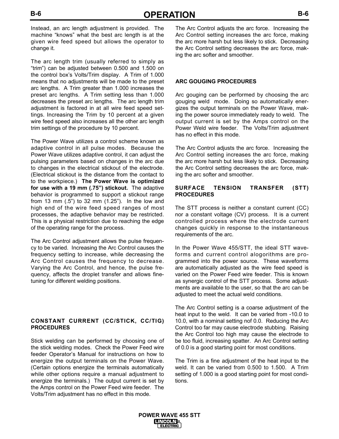 Lincoln Electric 455 manual Constant Current CC/STICK, CC/TIG Procedures, ARC Gouging Procedures 