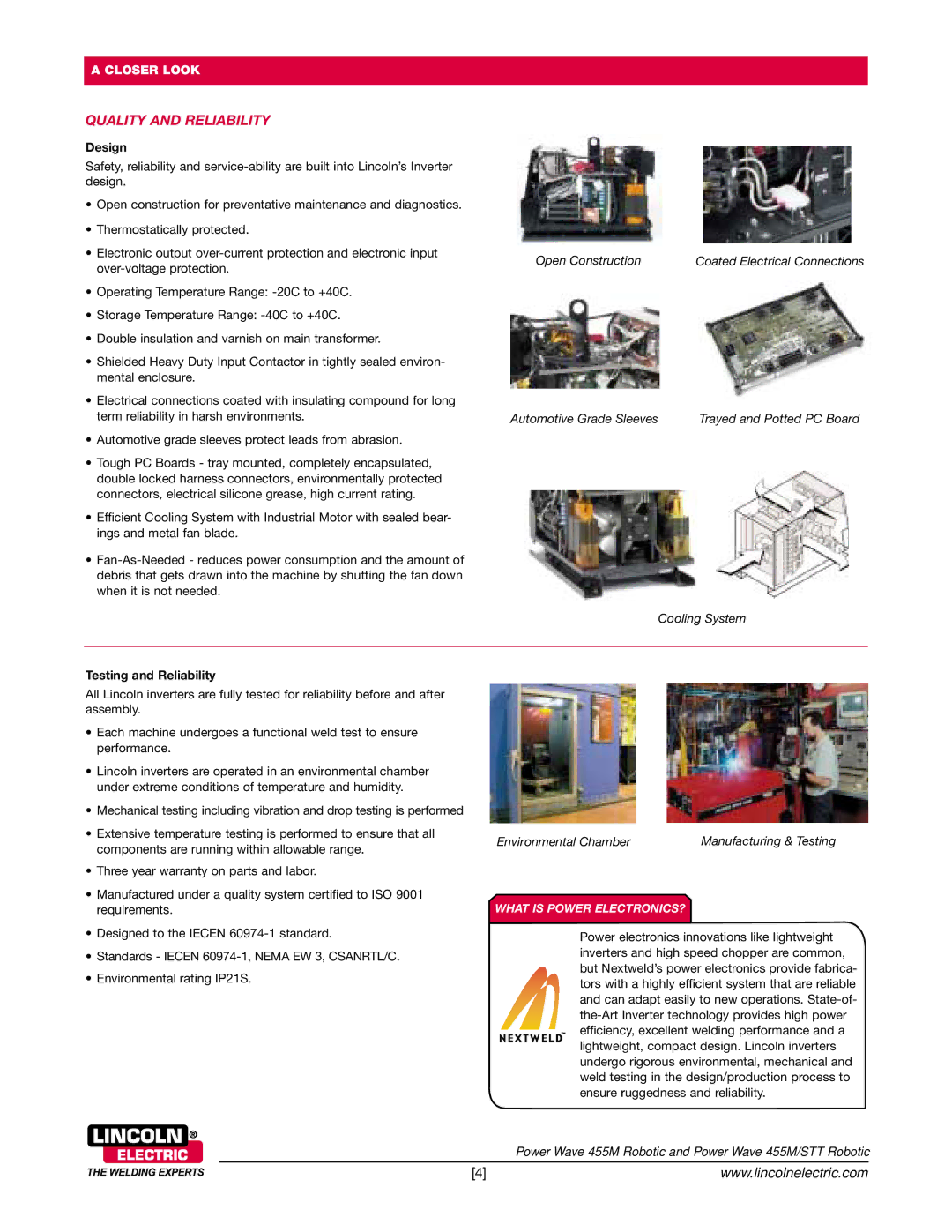 Lincoln Electric 455M Robotic, 455M/STT technical specifications Quality and Reliability, Design, Testing and Reliability 