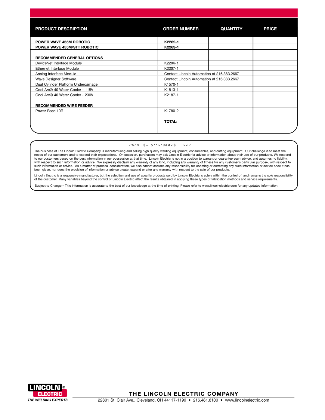 Lincoln Electric 455M/STT, 455M Robotic technical specifications Lincoln Electric Company 