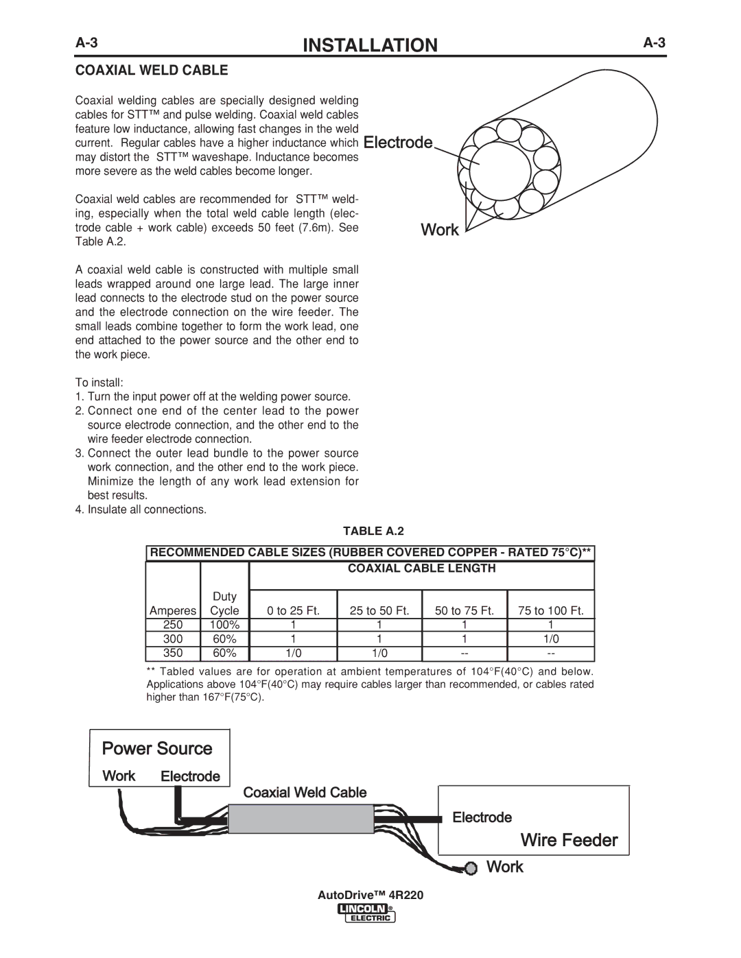 Lincoln Electric 4R220 manual Work, Coaxial Weld Cable 