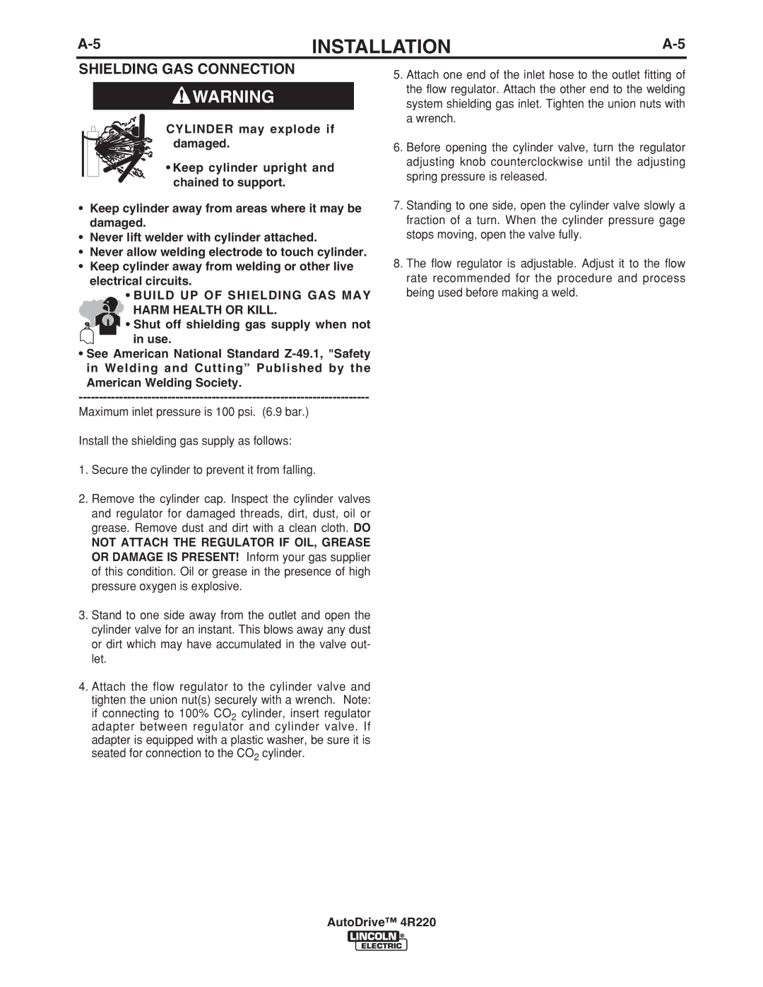 Lincoln Electric 4R220 manual Shielding GAS Connection, Build UP of Shielding GAS MAY Harm Health or Kill 