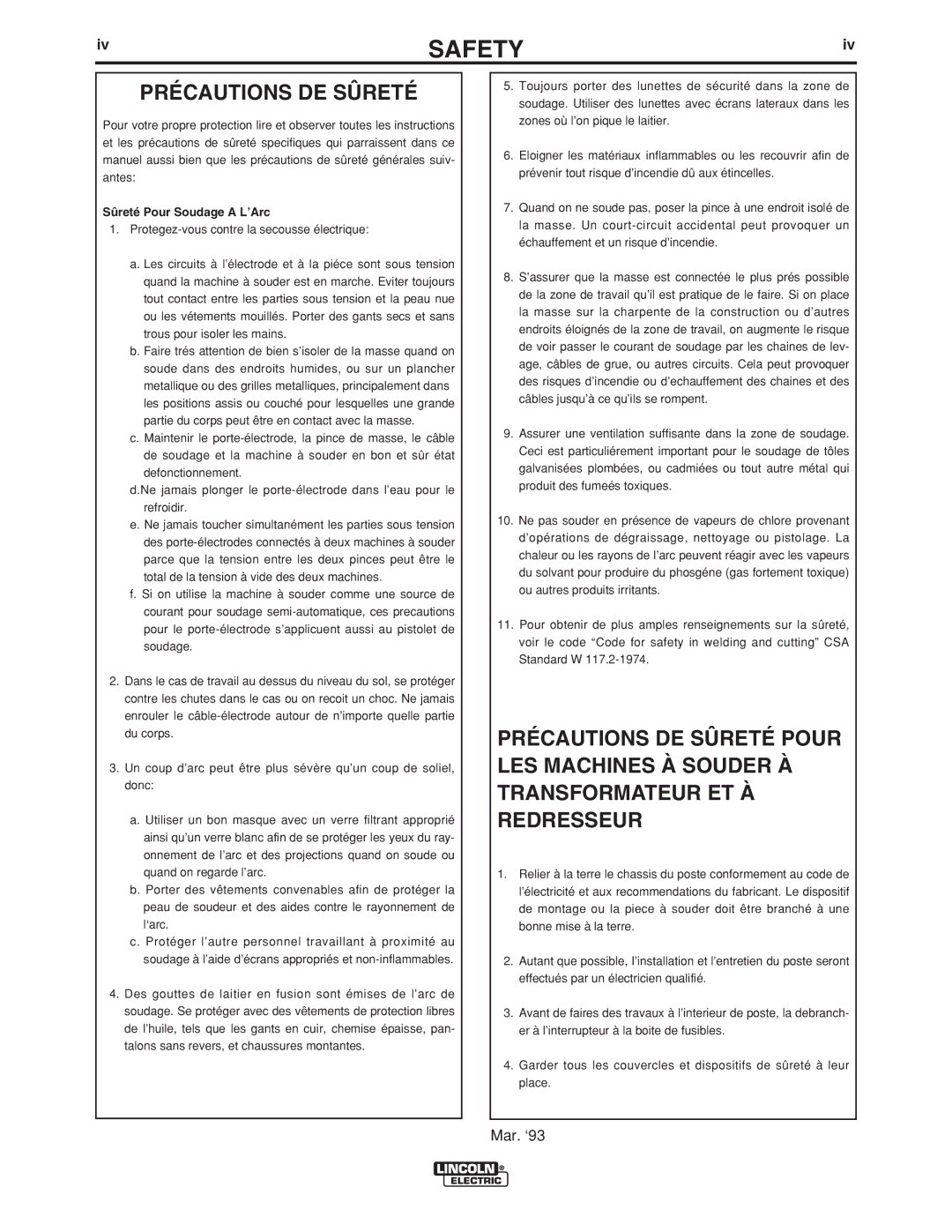 Lincoln Electric 4R220 manual Précautions DE Sûreté, Sûreté Pour Soudage a L’Arc 