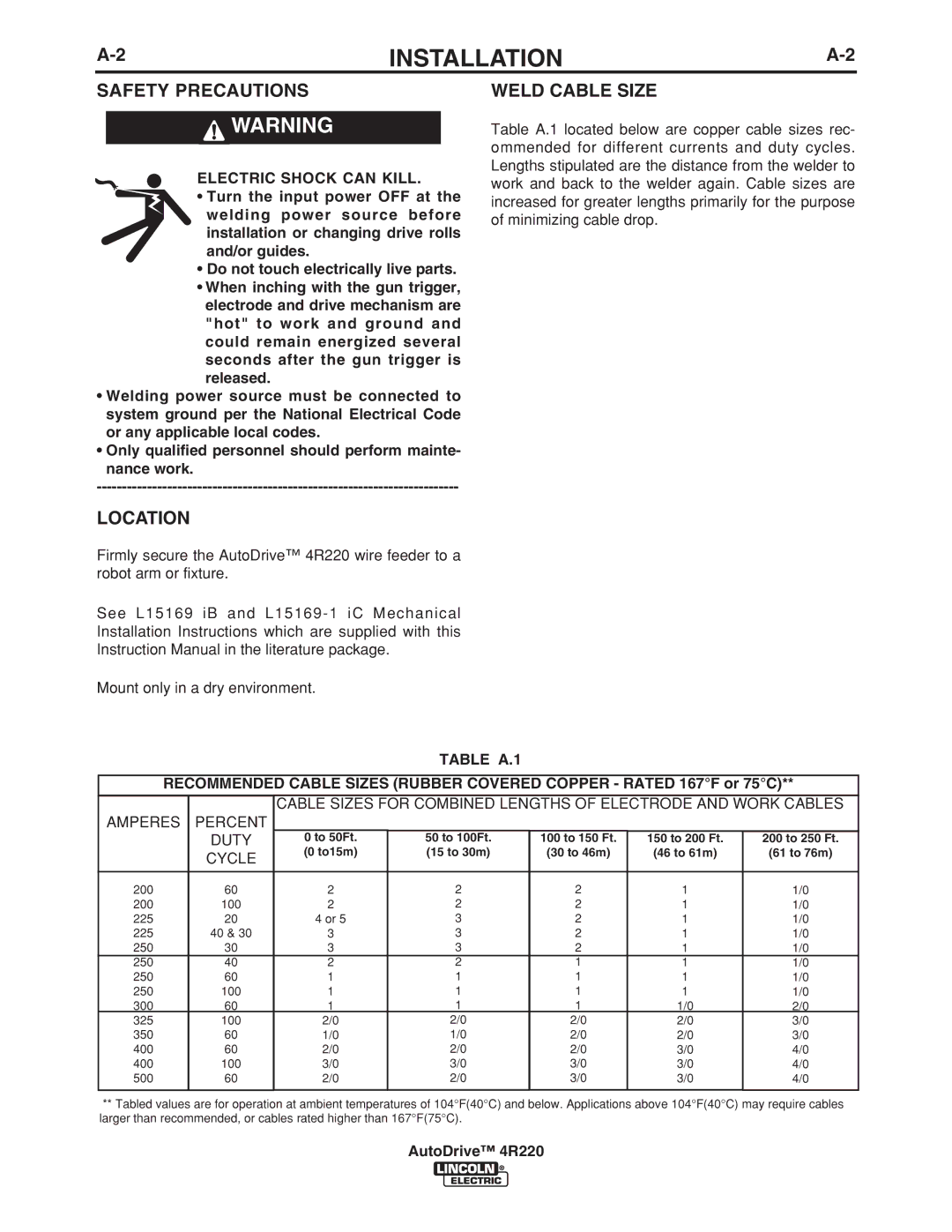 Lincoln Electric 4R220 manual Safety Precautions, Weld Cable Size, Location 