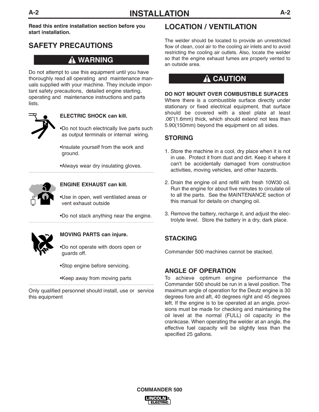 Lincoln Electric 500 manual Safety Precautions, Location / Ventilation, Storing, Stacking, Angle of Operation 