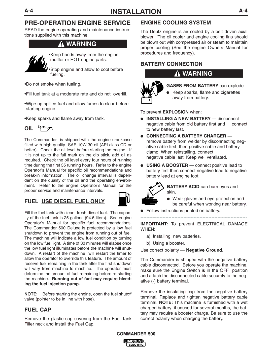 Lincoln Electric 500 manual PRE-OPERATION Engine Service, Oil, Fuel USE Diesel Fuel only, Fuel CAP 