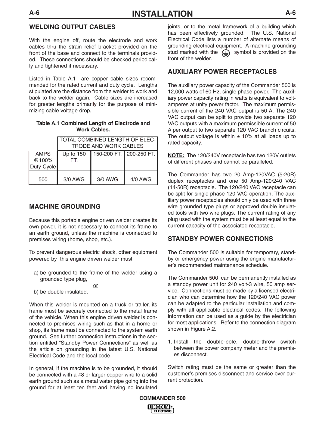 Lincoln Electric 500 Welding Output Cables, Machine Grounding, Auxiliary Power Receptacles, Standby Power Connections 