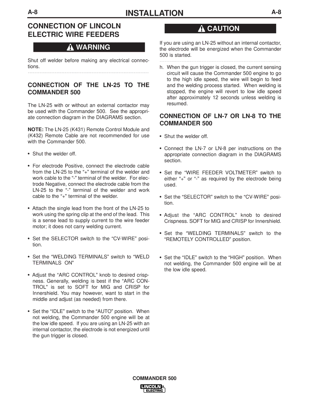 Lincoln Electric 500 manual Connection of Lincoln Electric Wire Feeders, Connection of the LN-25 to the Commander 